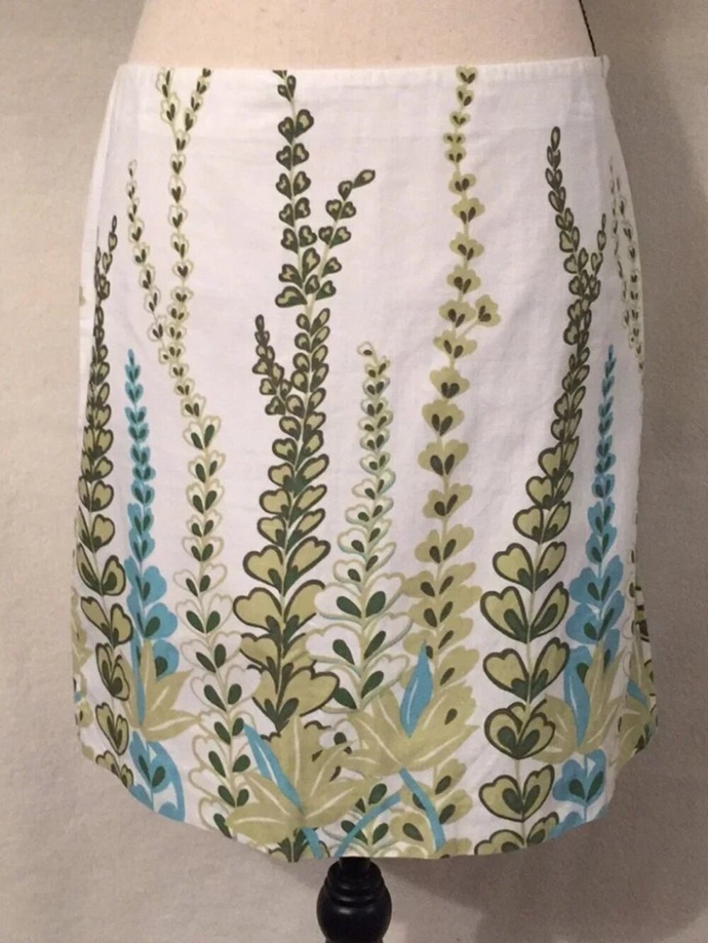 LOFT ivory blue green floral cotton a-line skirt